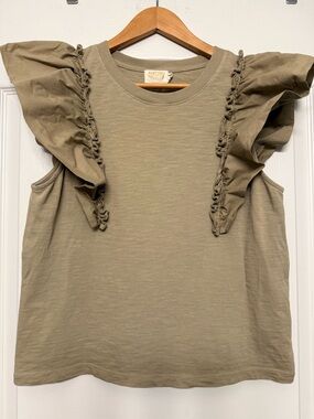 Nation LTD Ruffle Sleeve Tee Small Sage Green Cotton Boho Feminine Minimalist